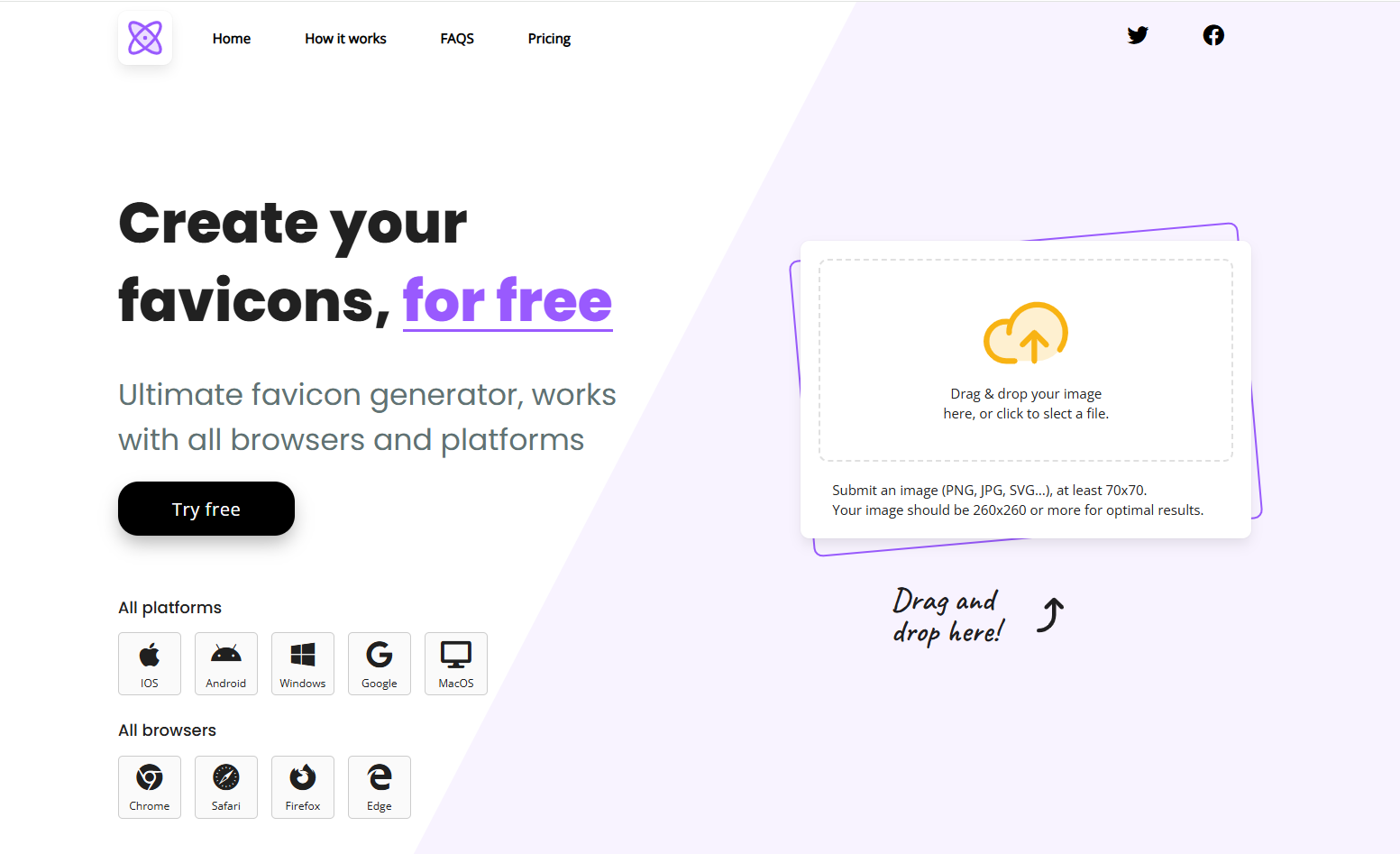Hauptseite des Favicon-Generators mit Drag-and-Drop-Bildhochladen und Plattform-/Browserunterstützungsübersicht.