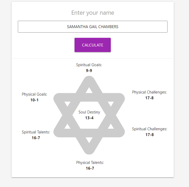 Screenshot des namensbasierten Numerologie-Rechners mit berechnetem Seelen-Schicksal und verwandten Werten