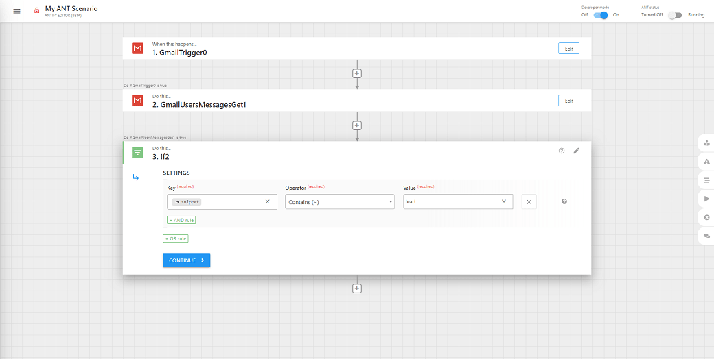 Gmail-ausgelöstes Automatisierungsszenario im ANT Editor, das Nachrichten mit dem Stichwort 'load' mittels bedingter Logik filtert.
