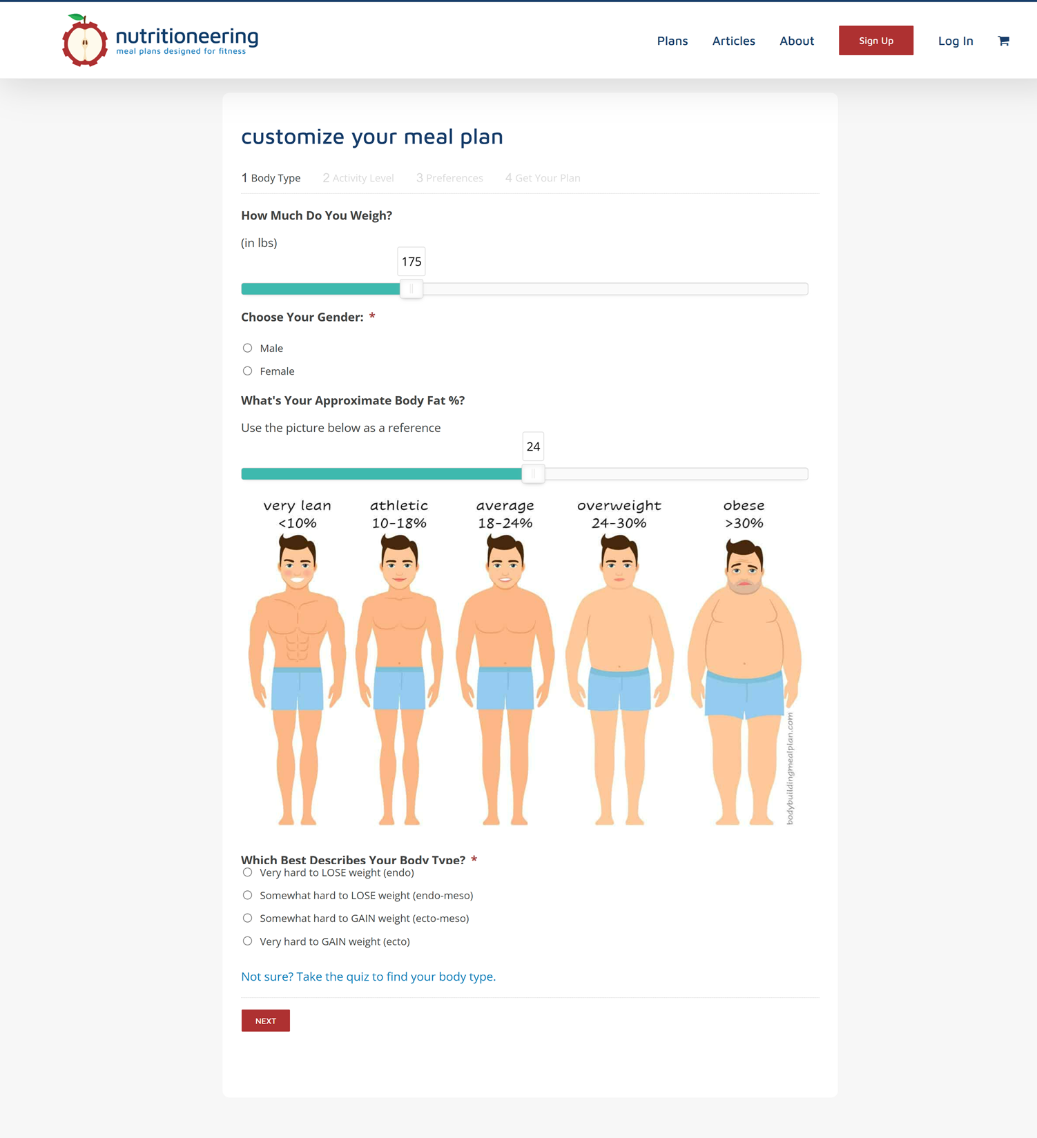 Benutzeroberfläche des individuellen Ernährungsplan-Rechners entwickelt von 2410, bietet visuelle Körperfettreferenzen und responsive Regler