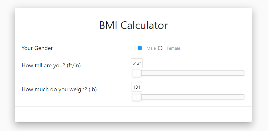BMI-Rechner-Oberfläche – bietet Geschlechtsauswahl, Höhen- und Gewichtsschieberegler und eine saubere Benutzeroberfläche, die von Materialize unterstützt wird.