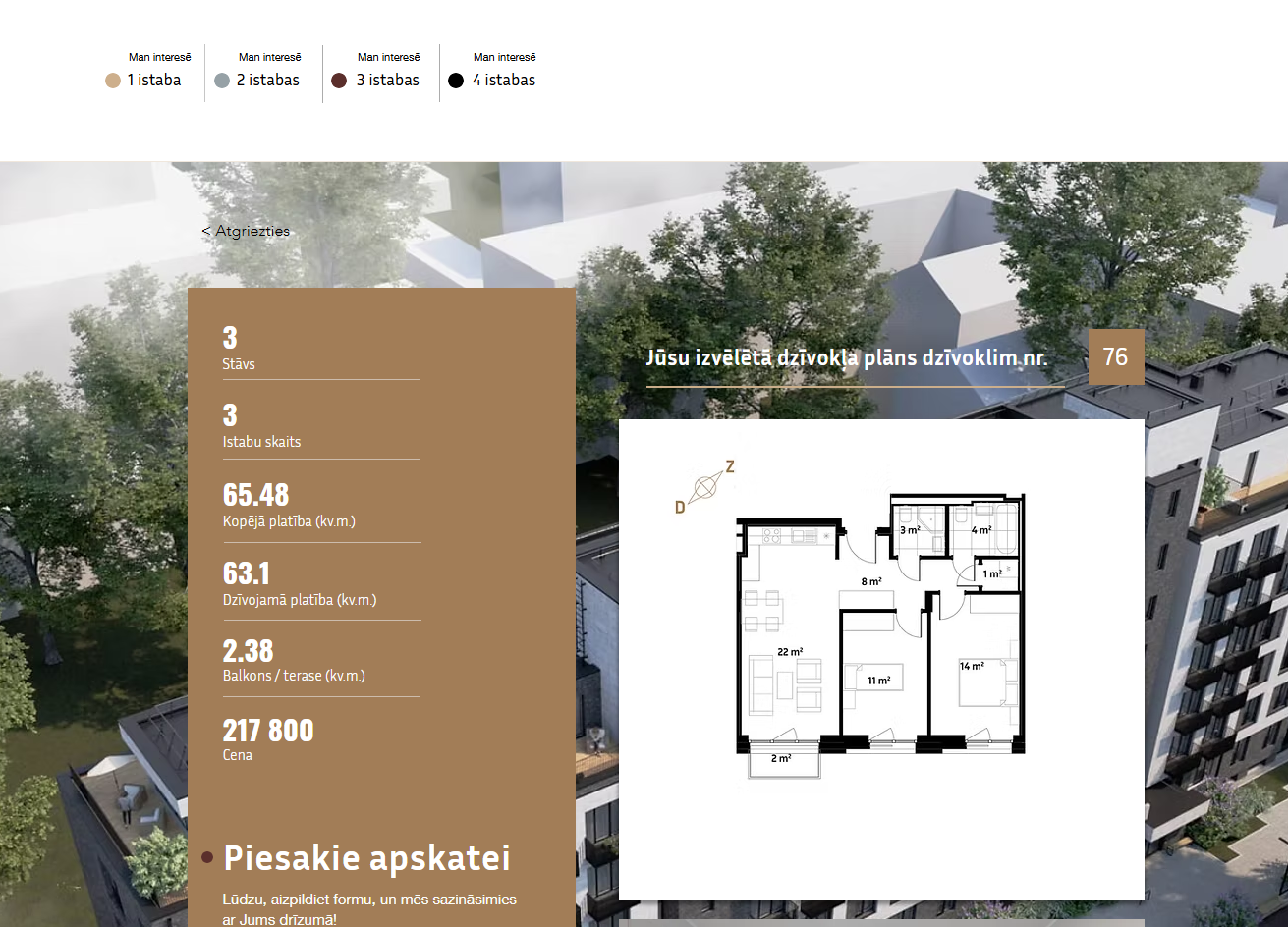 Individuelle Wohnungsseite mit vollständigen Spezifikationen, Preis, Plan und Anfrageformular.