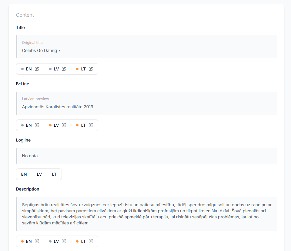 Bearbeitbares Metadaten-Panel mit Übersetzungen, Genre-Tags und vollständiger Beschreibung einer TV-Staffel.