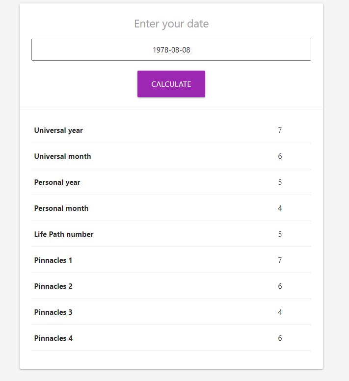 Screenshot des datumsbasierten Numerologie-Rechners einschließlich Lebenspfad und Höhepunktszahlen