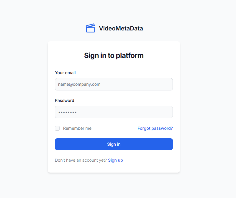 Anmeldeseite für die VideoMetaData-Plattform mit E-Mail/Passwort-Zugang und Link zur Benutzerregistrierung.