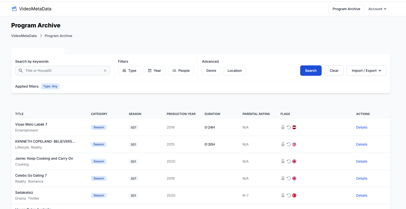 Programmarchiv-Dashboard mit erweiterten Filtern, Suchfunktion und Datentabelle der Staffeln.